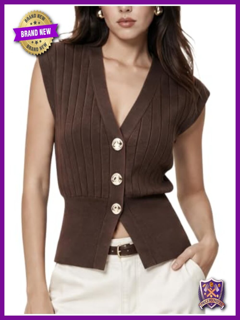 Women's Fitted Ribbed Button Front Sweater Vest Sleeveless V-Neck Knit Top